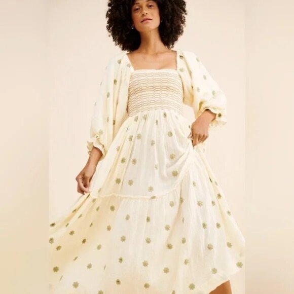 Free People Dahlia Maxi Dress Womens L Boho Cottage Embroidered Yellow Peasant - Picture 1 of 7